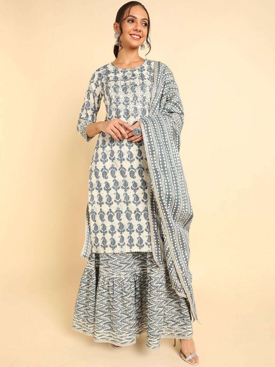

KALINI Ethnic Motifs Embroidered Pure Cotton Straight Kurta With Sharara & Dupatta, Off white