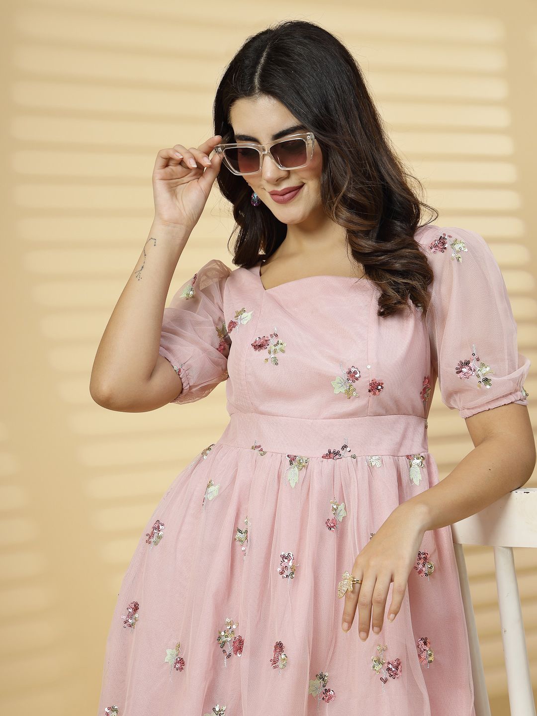 

RAASSIO Floral Embroidered Puff Sleeve Net A-Line Midi Dress, Pink