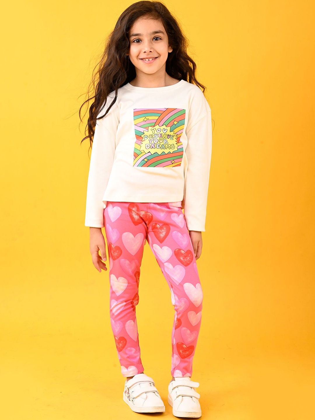 

Anthrilo Girls Printed Pure Cotton T-shirt with Leggings, White