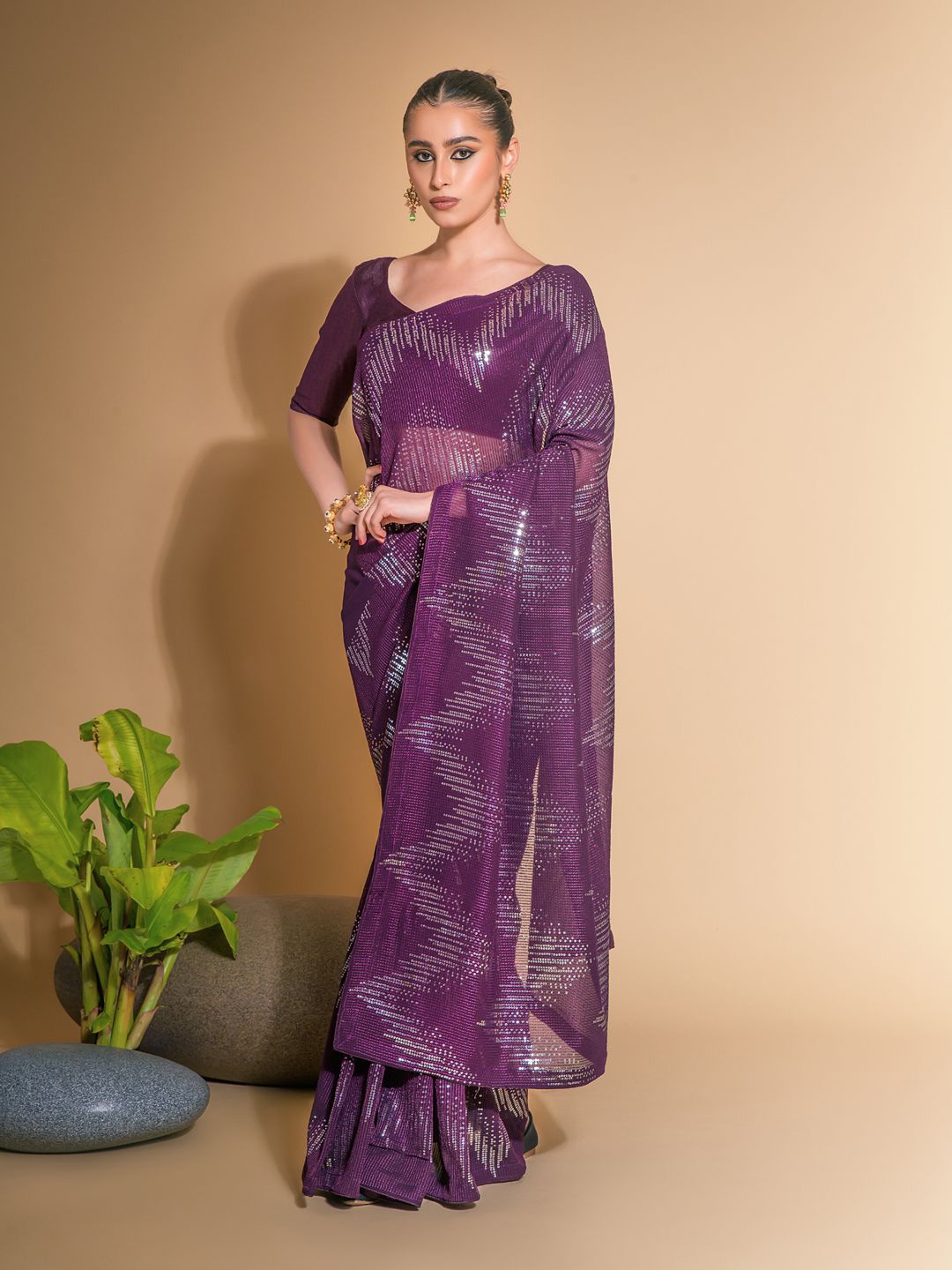 

Krimmple Striped Sequinned Pure Georgette Saree, Purple