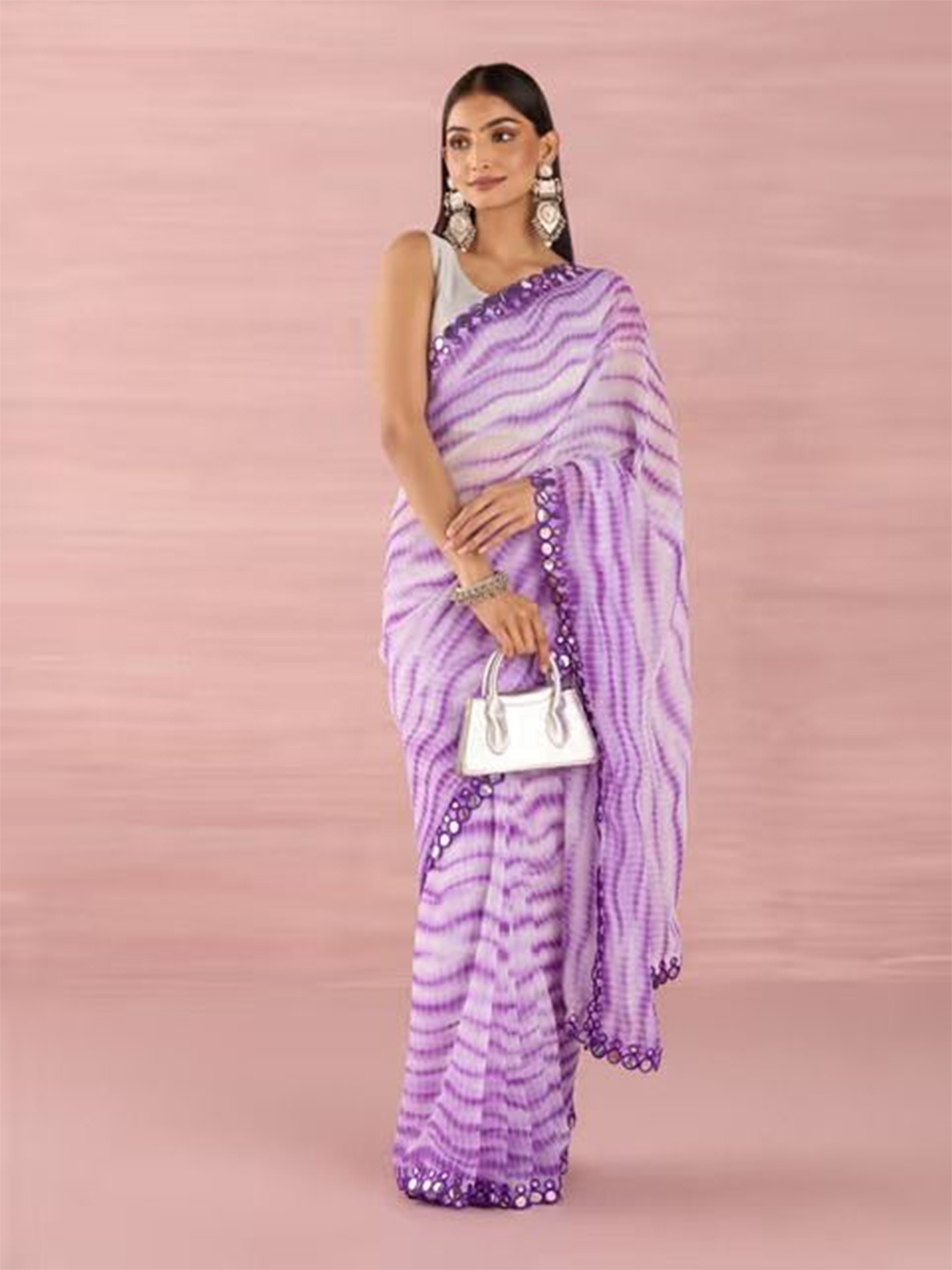 

Krimmple Striped Mirror Work Pure Georgette Saree, Purple