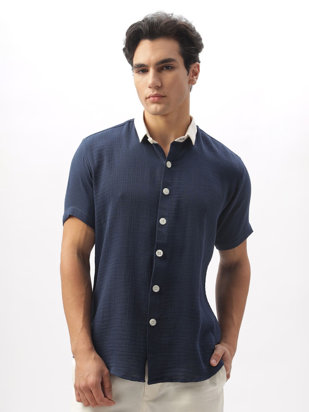 

HAMPTONS Men Pure Cotton Brushed Effect Casual Shirt, Blue