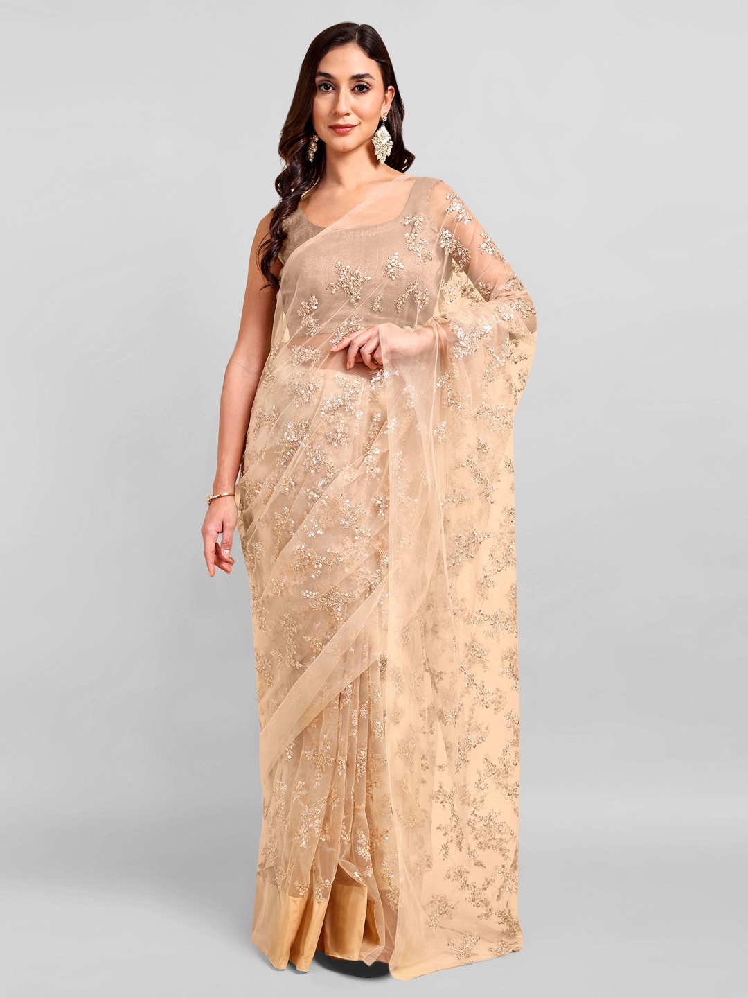 

DOERAA Ethnic Motifs Sequinned Embroidered Net Saree, Beige