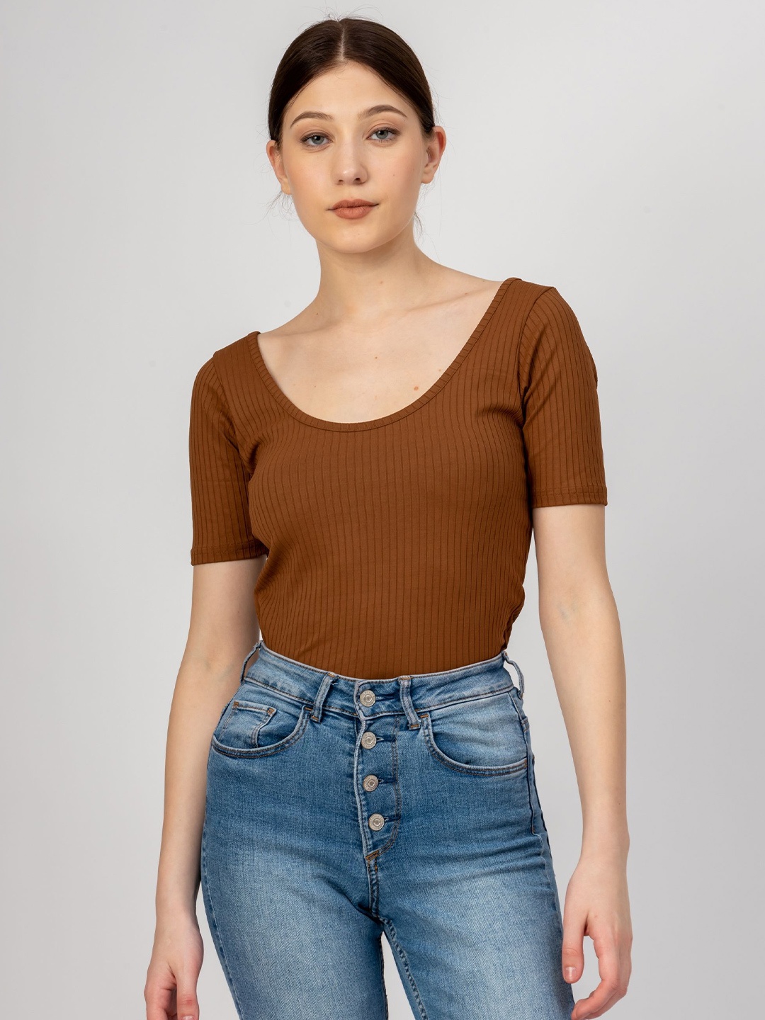 

Redamancii Women Striped Scoop Neck Top, Coffee brown