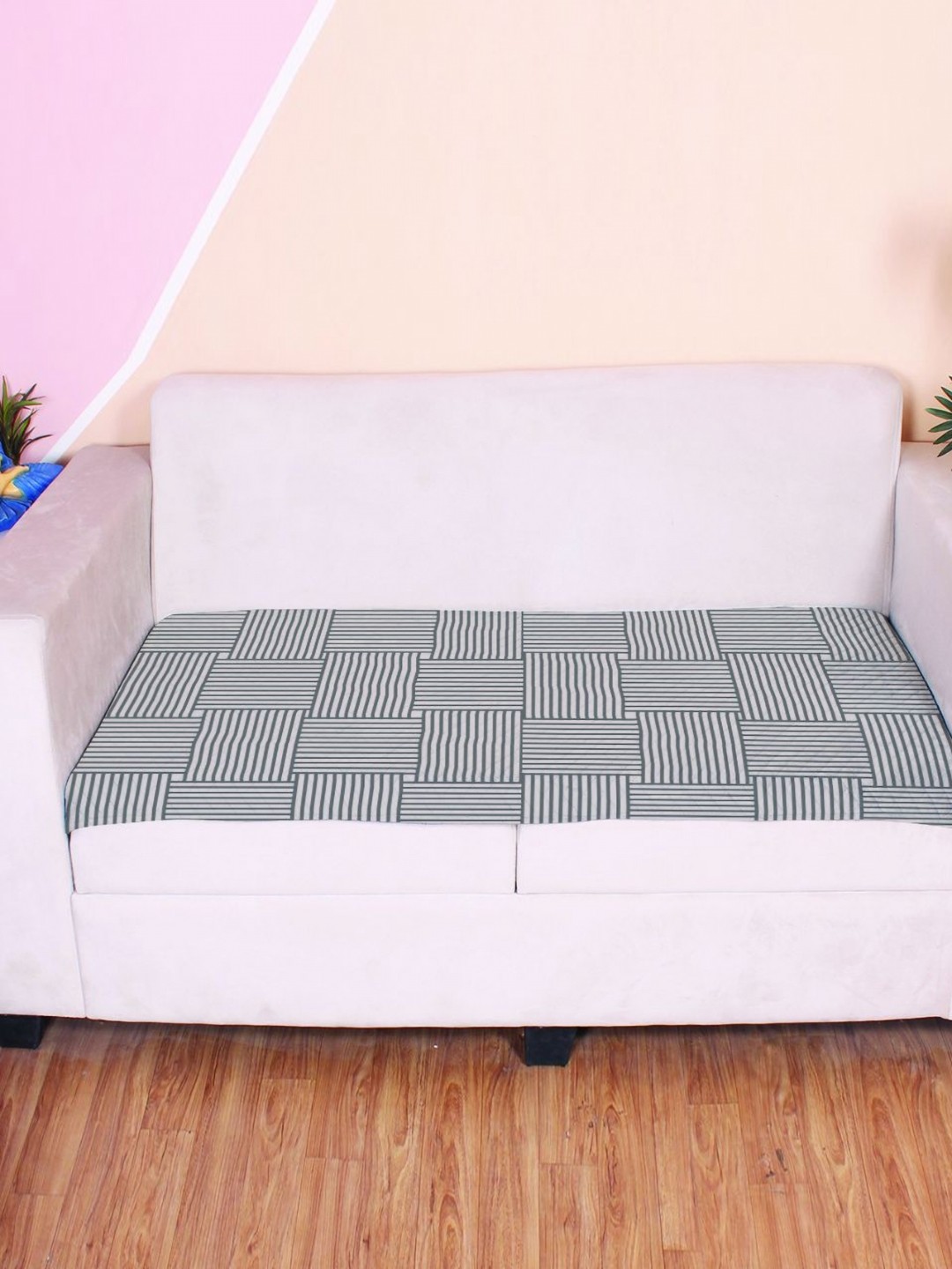 

STITCHNEST Grey Geometric Printed Velvet 2 Seater Anti Slip Sofa Cover