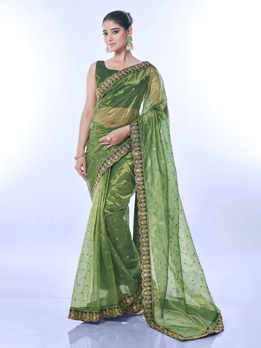 

Krimmple Floral Sequinned Net Saree, Olive