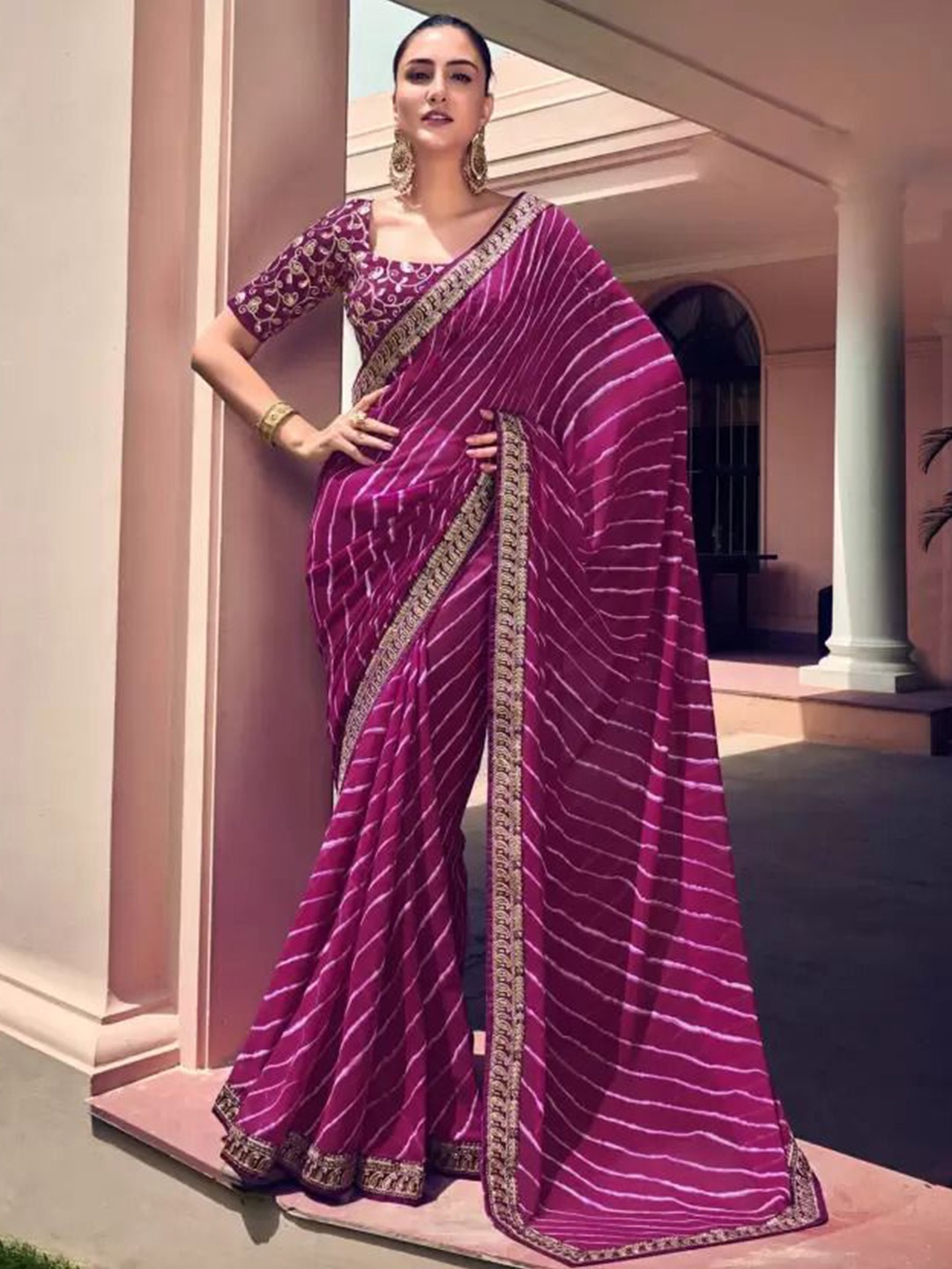 

Reboot Fashions Leheriya Embroidered Pure Georgette Leheriya Saree, Purple