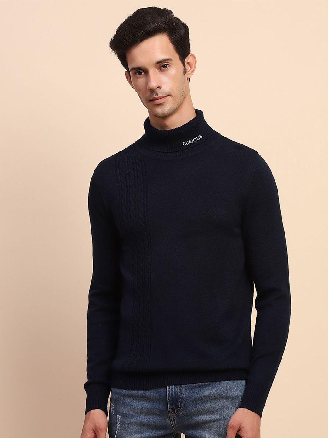 

CAMLA Men Turtle Neck Pullover Sweaters, Navy blue
