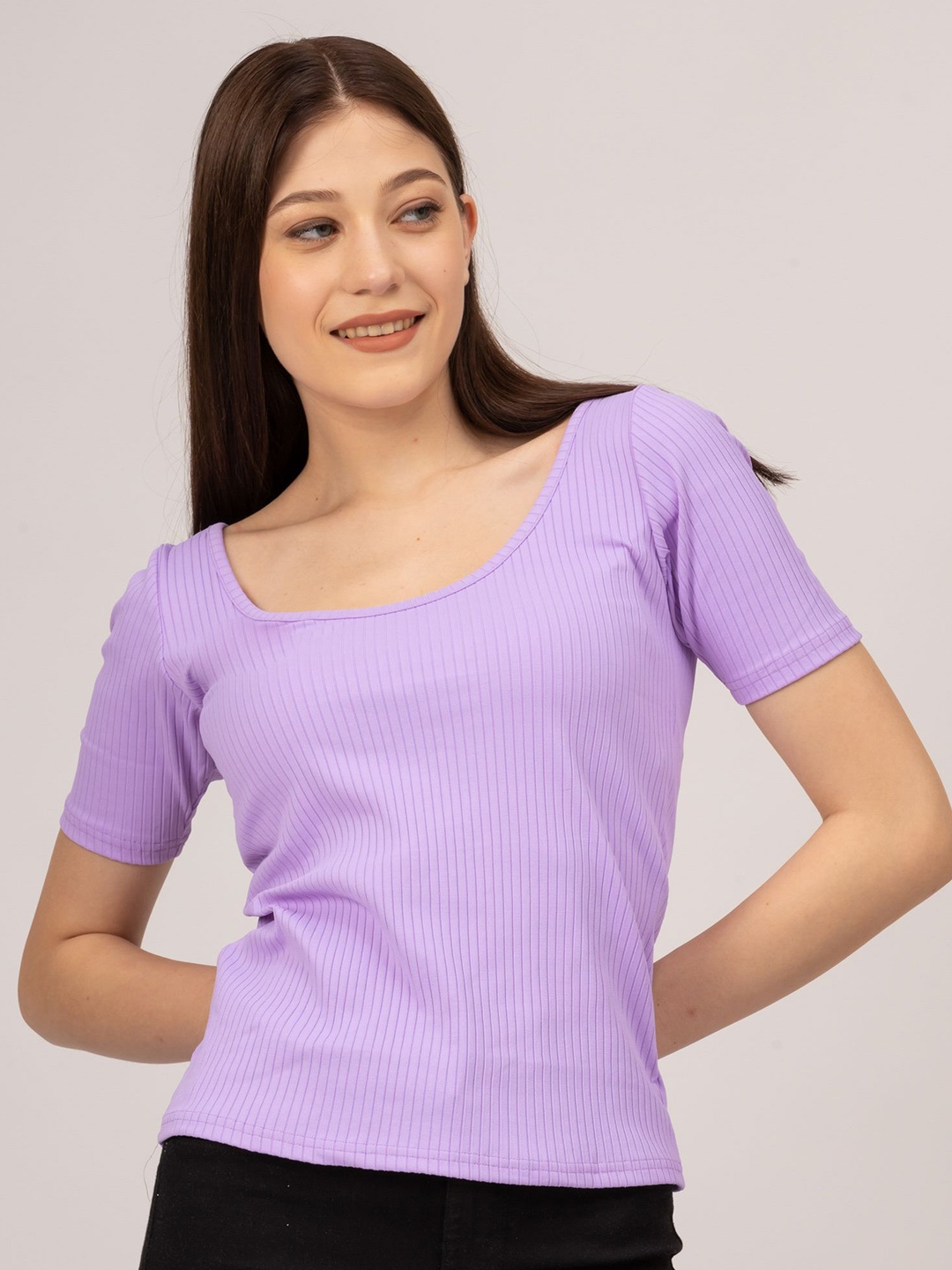 

Redamancii Women Vertical Striped Scoop Neck Polycotton Top, Lavender