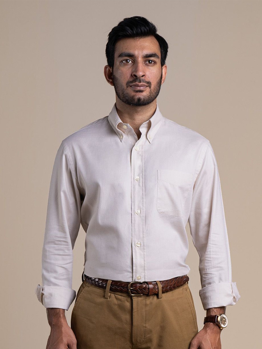 

Monks of Method Men Comfort Solid Cotton Formal Shirt, Beige