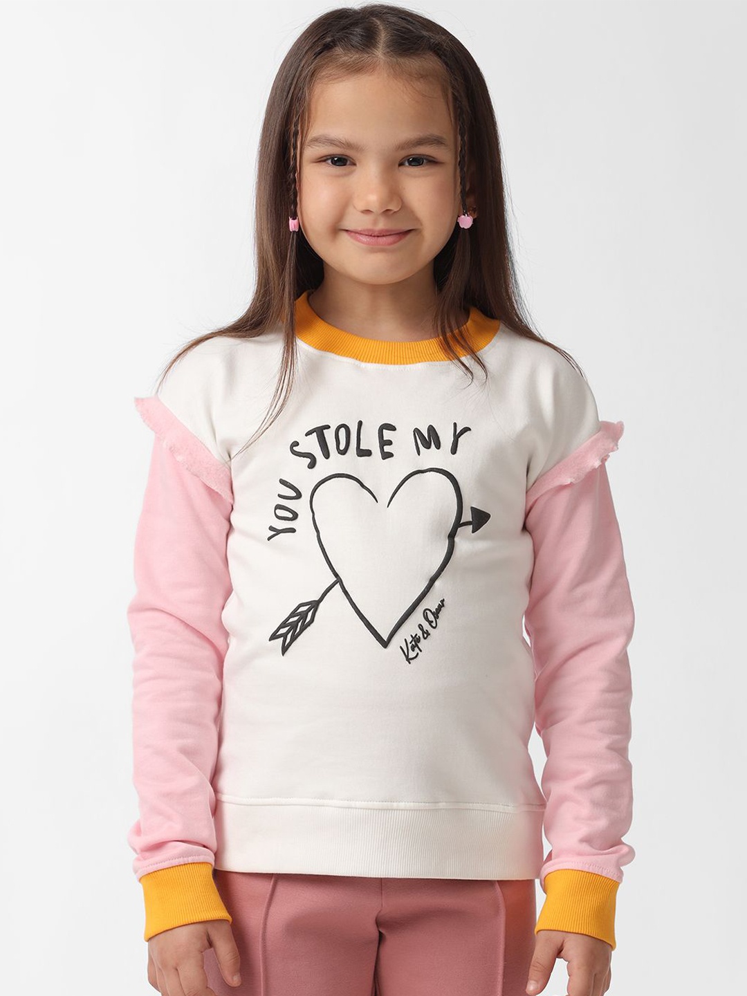 

KATE & OSCAR Girls Self Design Round Neck Cotton Pullover Sweatshirt, Off white