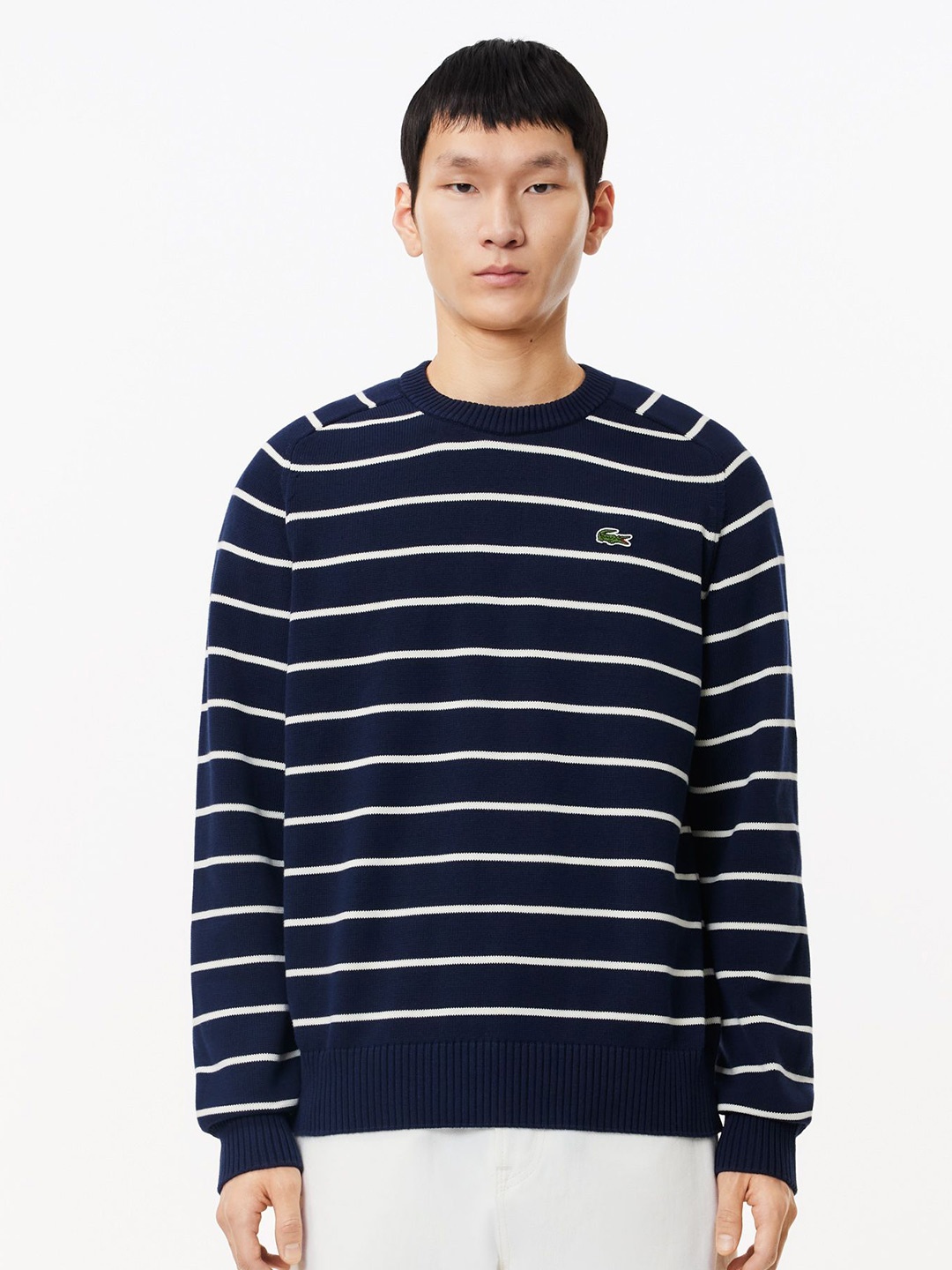 

Lacoste Men Striped Pure Cotton Pullover Sweater, Blue