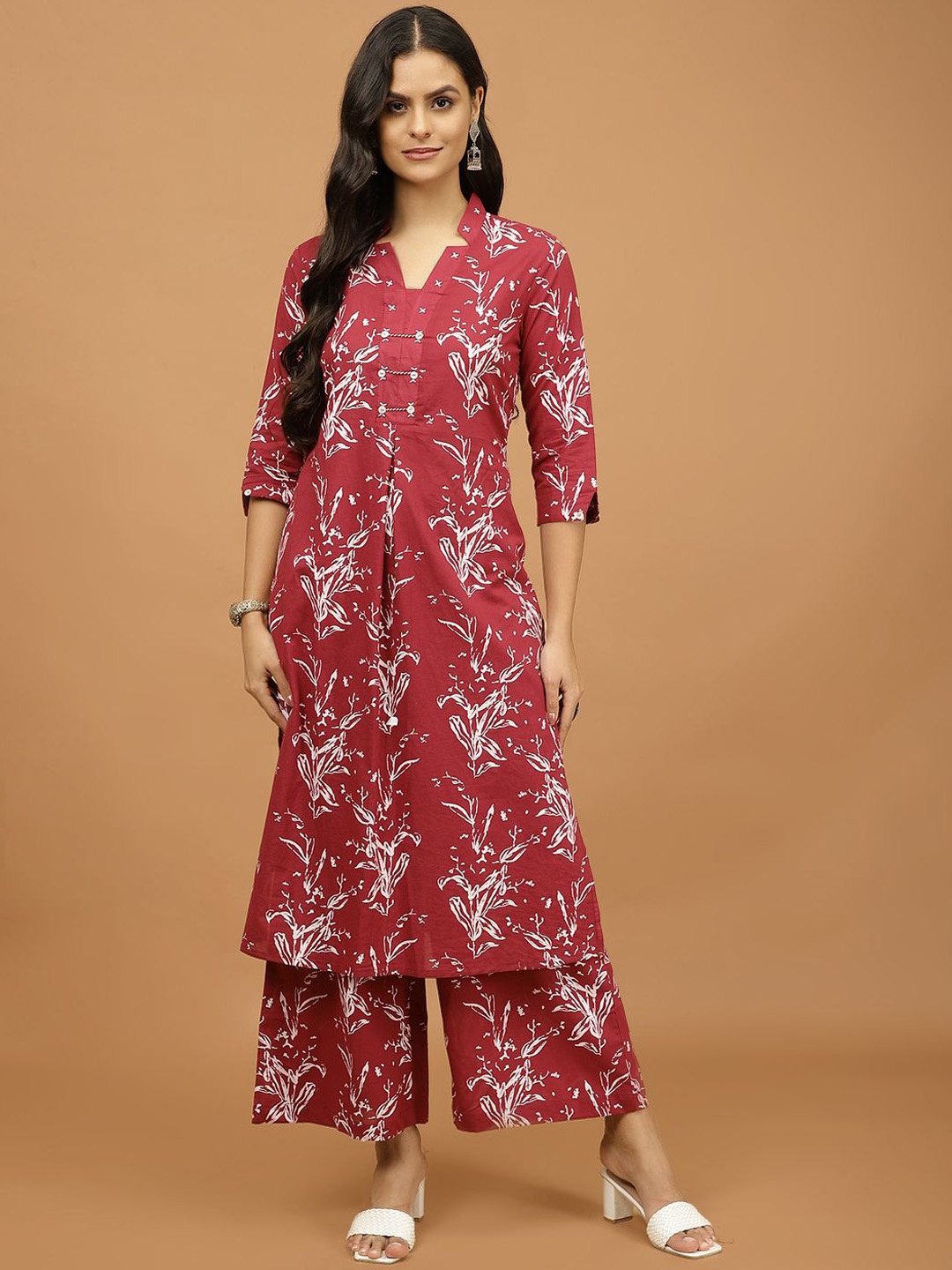 

Meena Bazaar Ethnic Motifs Printed Kurta with Palazzo, Burgundy