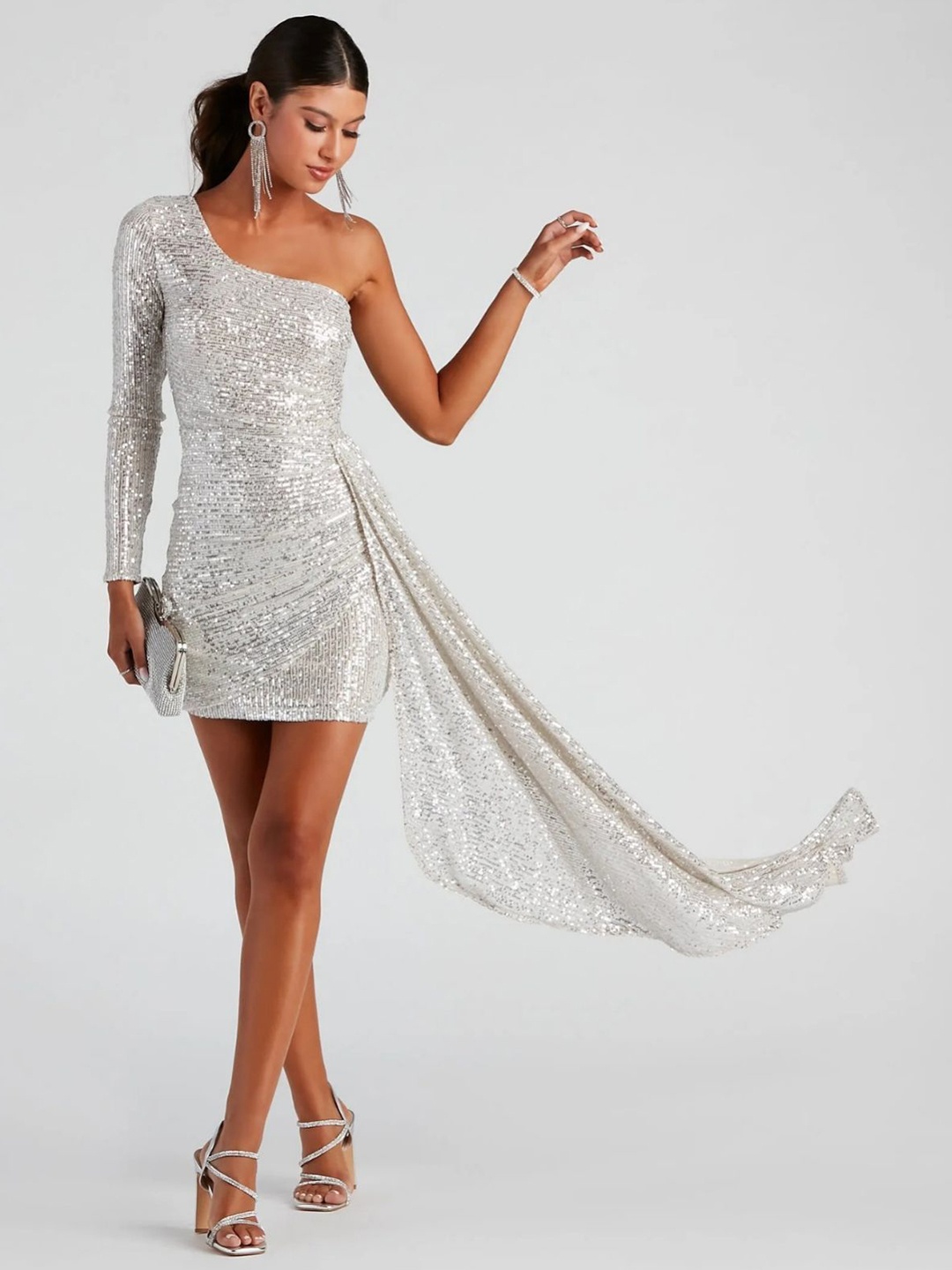 

bebe Print A-Line Dress, Silver