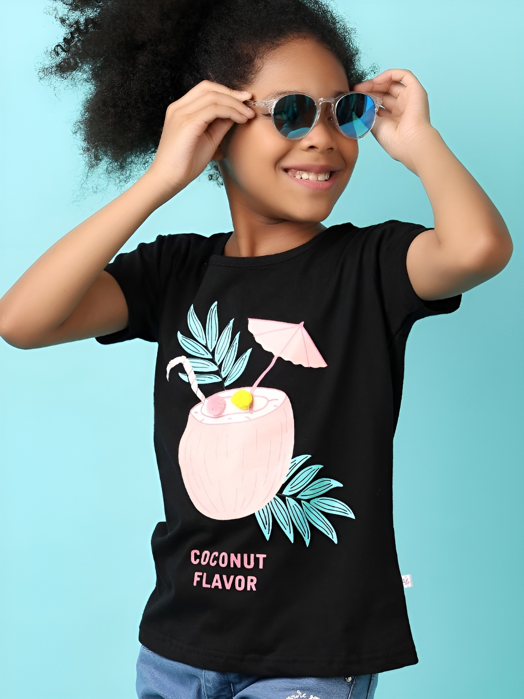 

V-Mart Girls Graphic Printed Round Neck Cotton T-shirt, Black