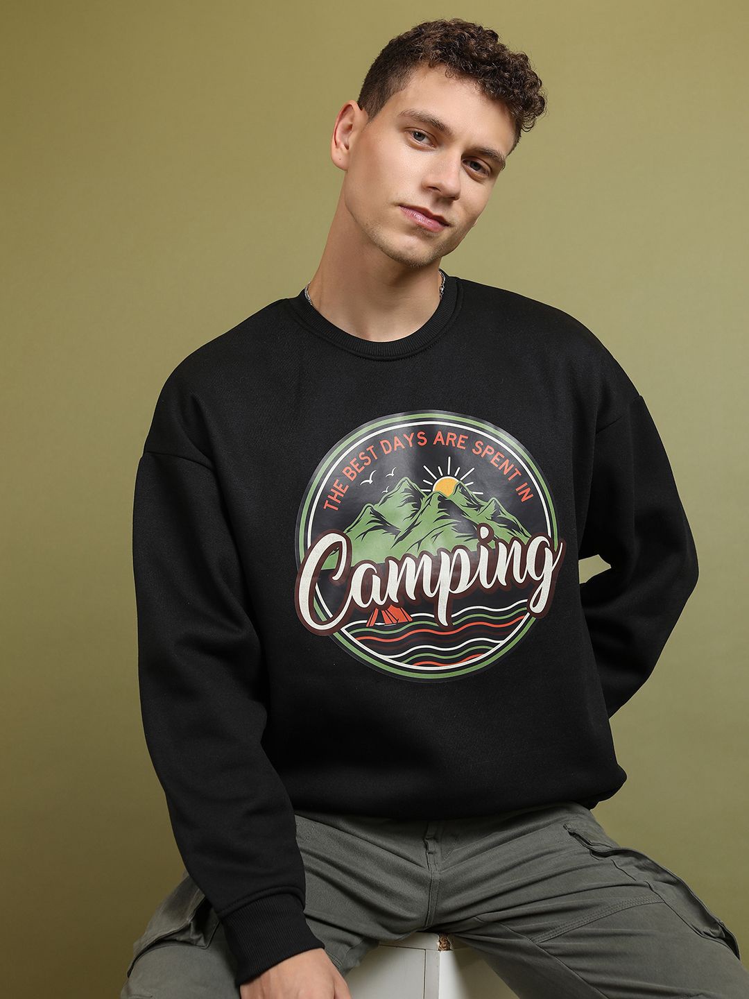 

HIGHLANDER Men Graphic Printed Round Neck Pullover Sweatshirt, Black