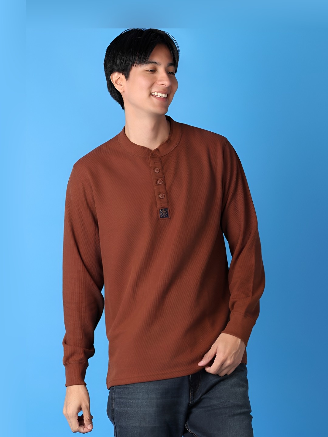 

V-Mart Men Solid Mandarin Collar Cotton T-shirt, Brown