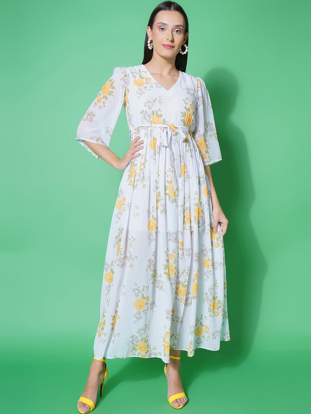 

KATLINE Women Floral Print Flared Sleeve Georgette A-Line Midi Dress, White