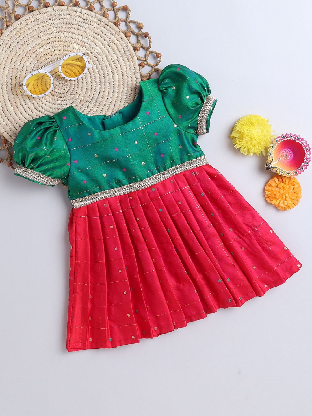 

MANY FROCKS & Girls Colourblocked Fit & Flare Dress, Green