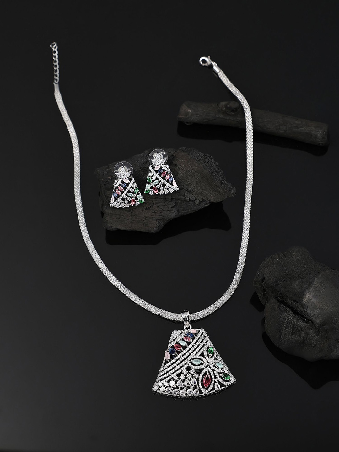 

ANIKAS CREATION Silver-Plated AD Studded Necklace and Earrings