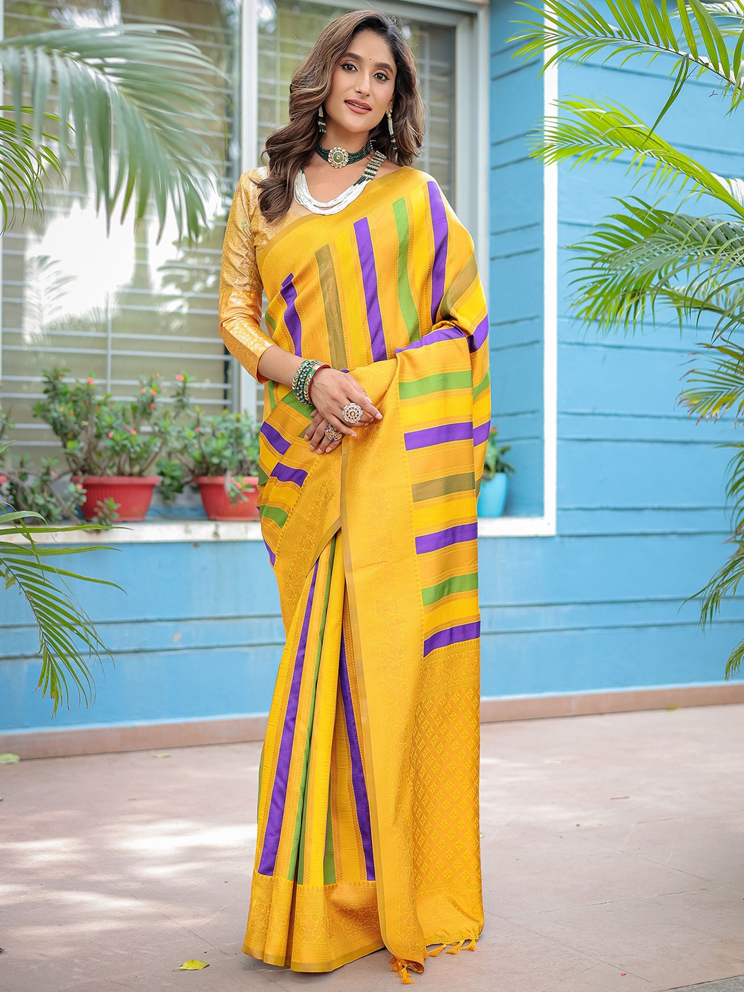 

Anouk Striped Printed Woven Design Zari Kanjeevaram Saree, Yellow