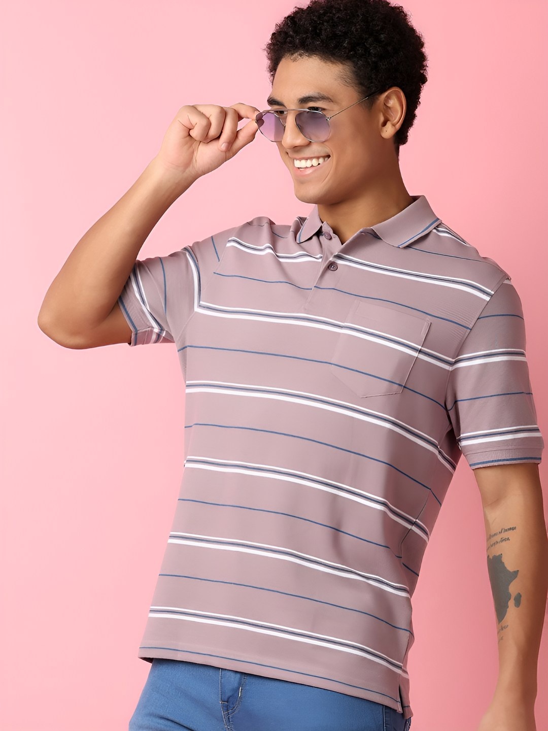 

V-Mart Men Striped Polo Collar Pockets Cotton T-shirt, Mauve