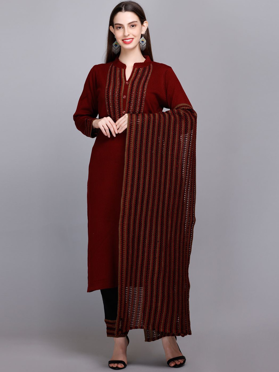 

Antiloop Chevron Yoke Design Mandarin Collar Straight Kurta with Trousers & Dupatta, Maroon