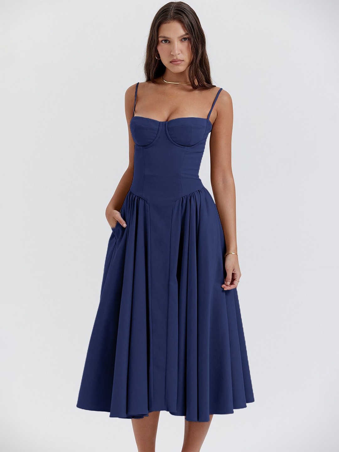 

bebe Fit & Flare Midi Dress, Navy blue