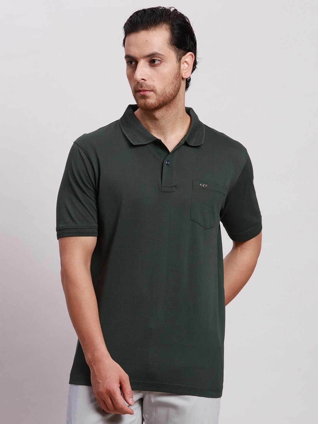 

ColorPlus Men Solid Polo Collar Cotton T-shirt, Green