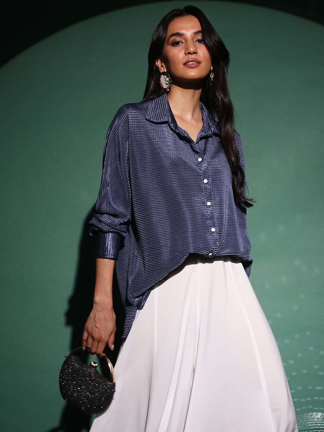 

PINACOLADA Women Spread Collar Textured Party Shirt, Blue
