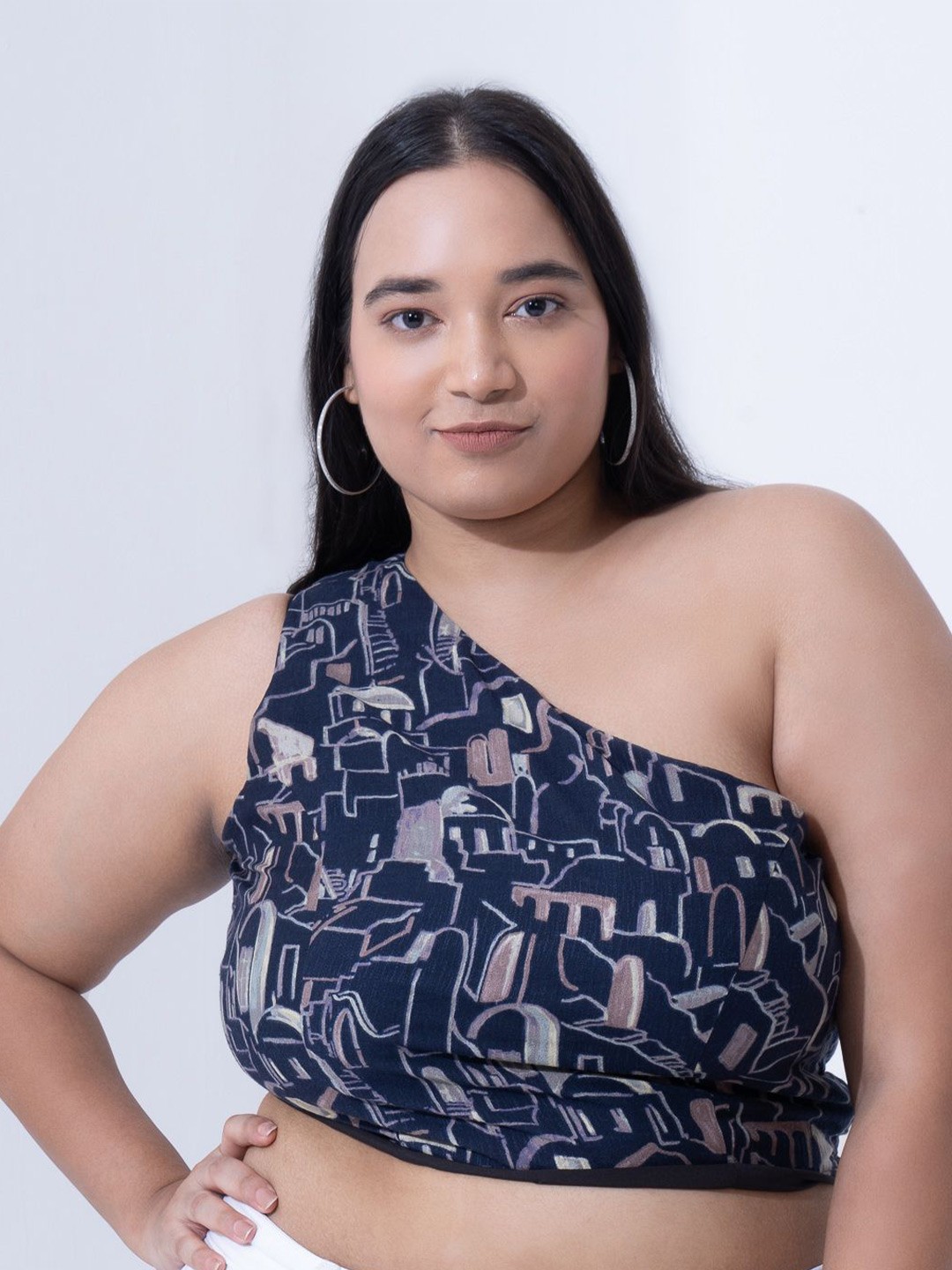 

Toodle Plus Women Plus Size Printed One Shoulder Crop Top, Navy blue