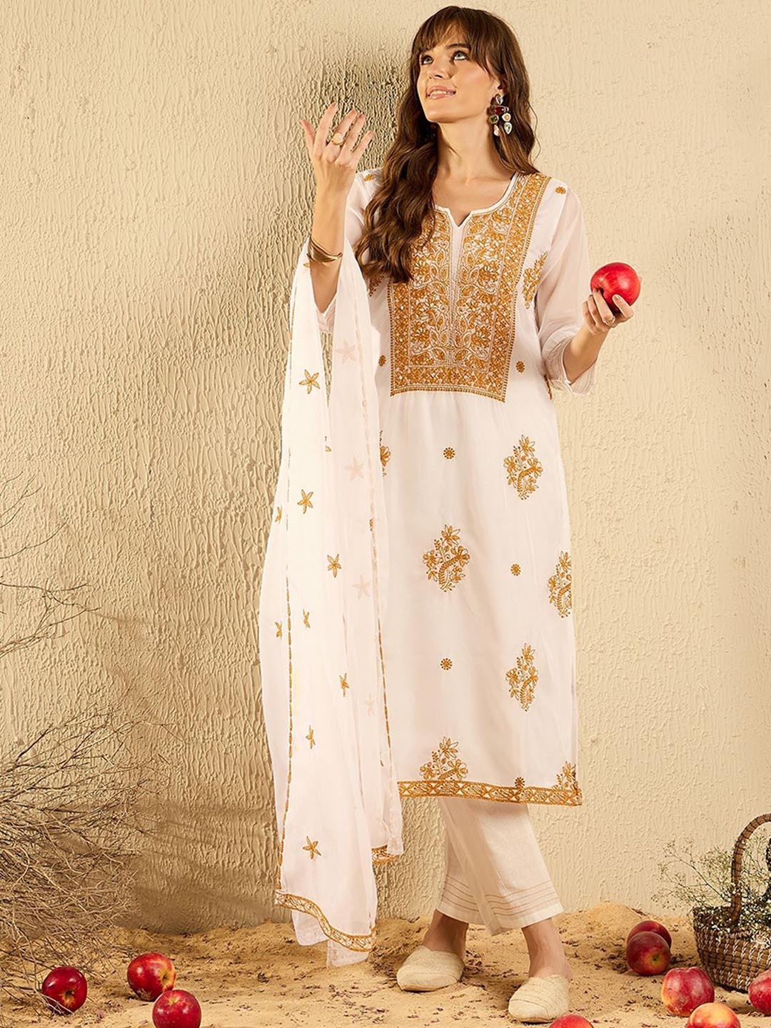 

Indo Era White Floral Embroidered Notch Neck Organza Kurta with Trousers & Dupatta