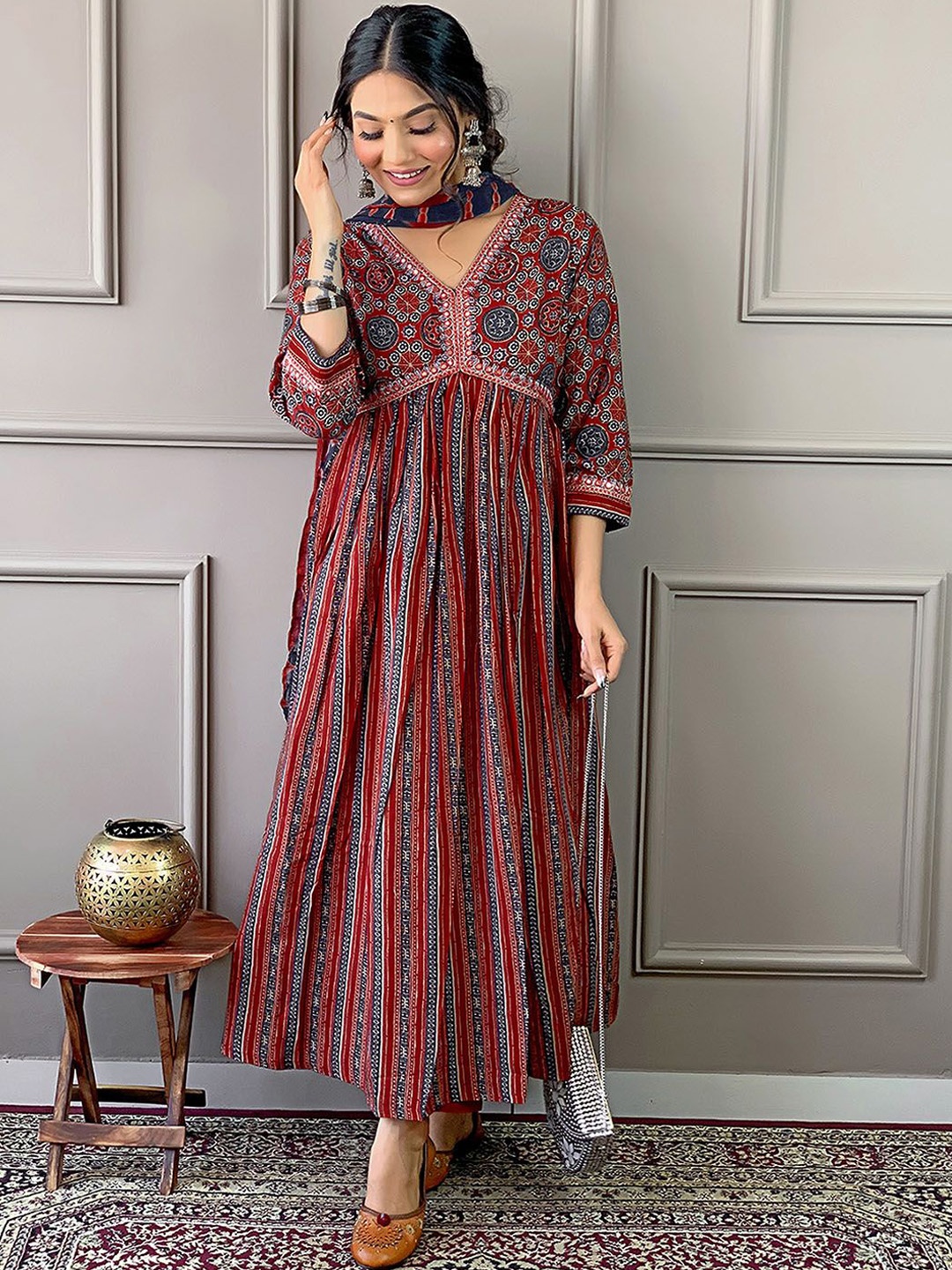 

Meena Bazaar Ethnic Motifs Printed Mirror Work Kurta with Trousers & Dupatta, Maroon
