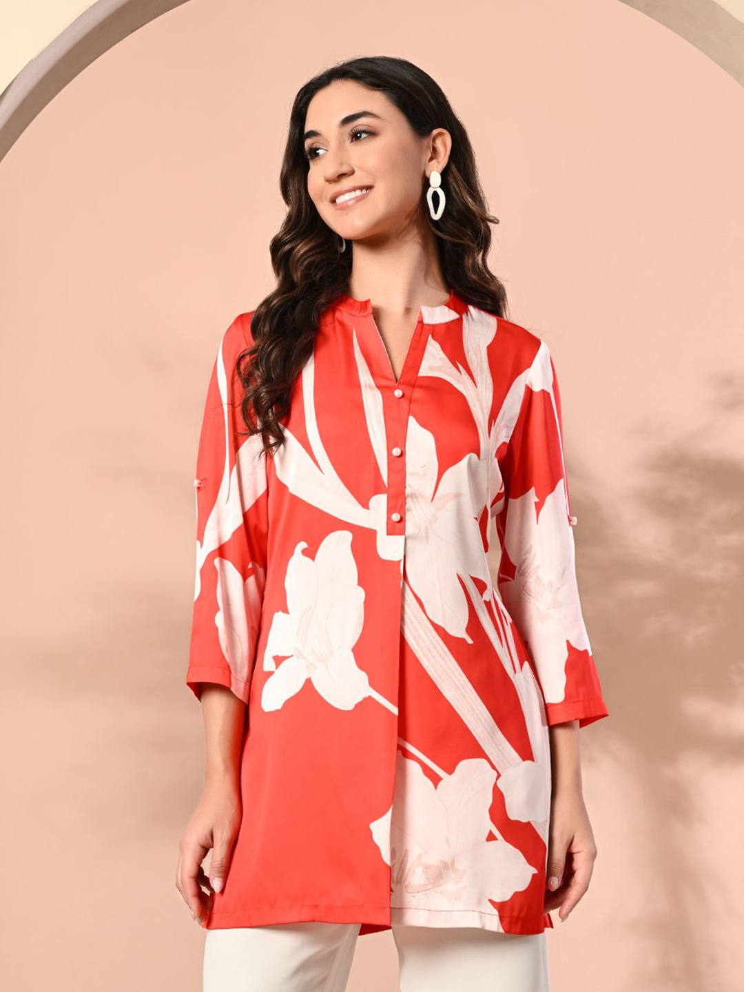 

MEESAN Women Mandarin Collar Floral Printed Tunic, Red