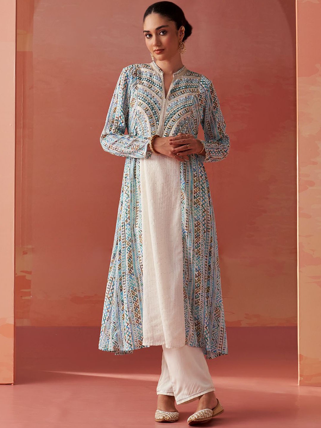 

Lakshita Ethnic Motifs Printed Mirror Work Georgette Kurta with Trousers, Turquoise blue