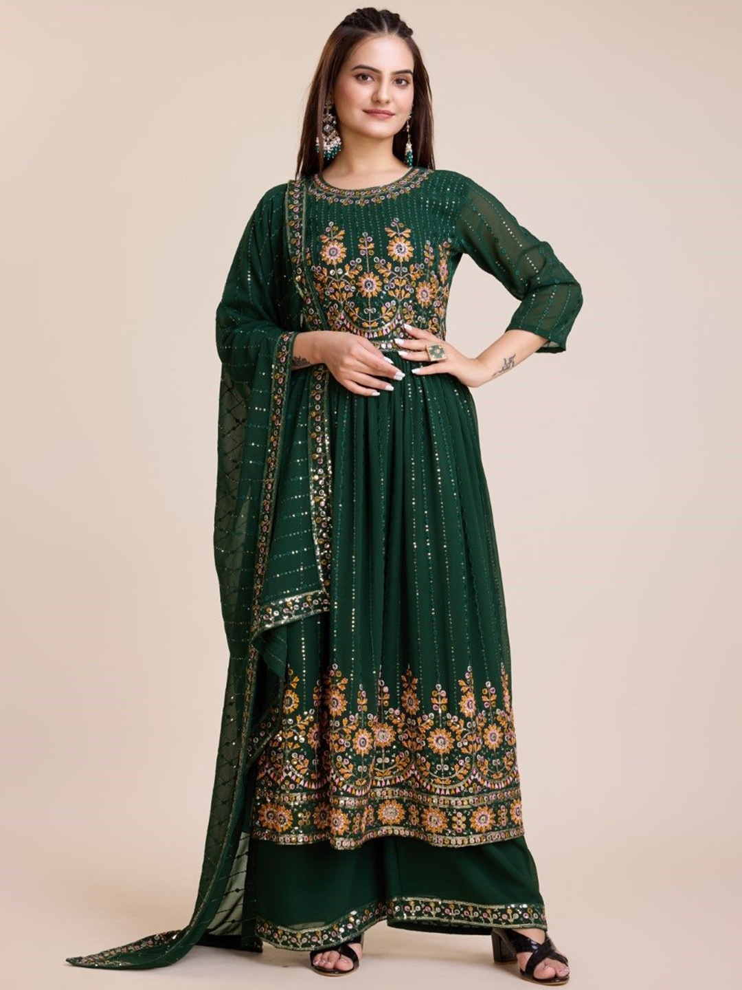 

ZARIMO Floral Embroidered Sequinned Jacquard Weave Georgette Kurta with Palazzos & Dupatta, Green