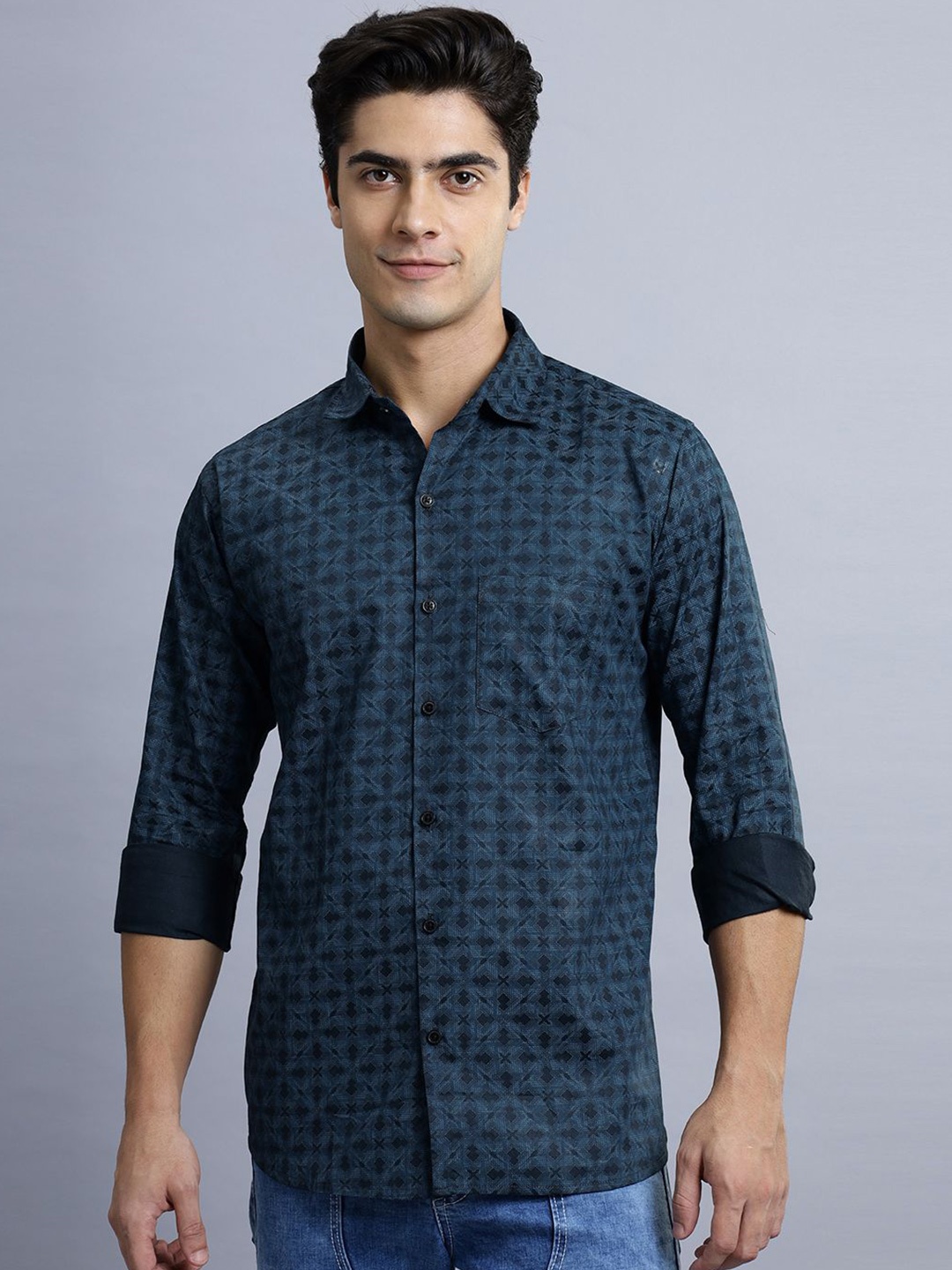 

N AND J Men Classic Abstract Printed Cotton Casual Shirt, Navy blue