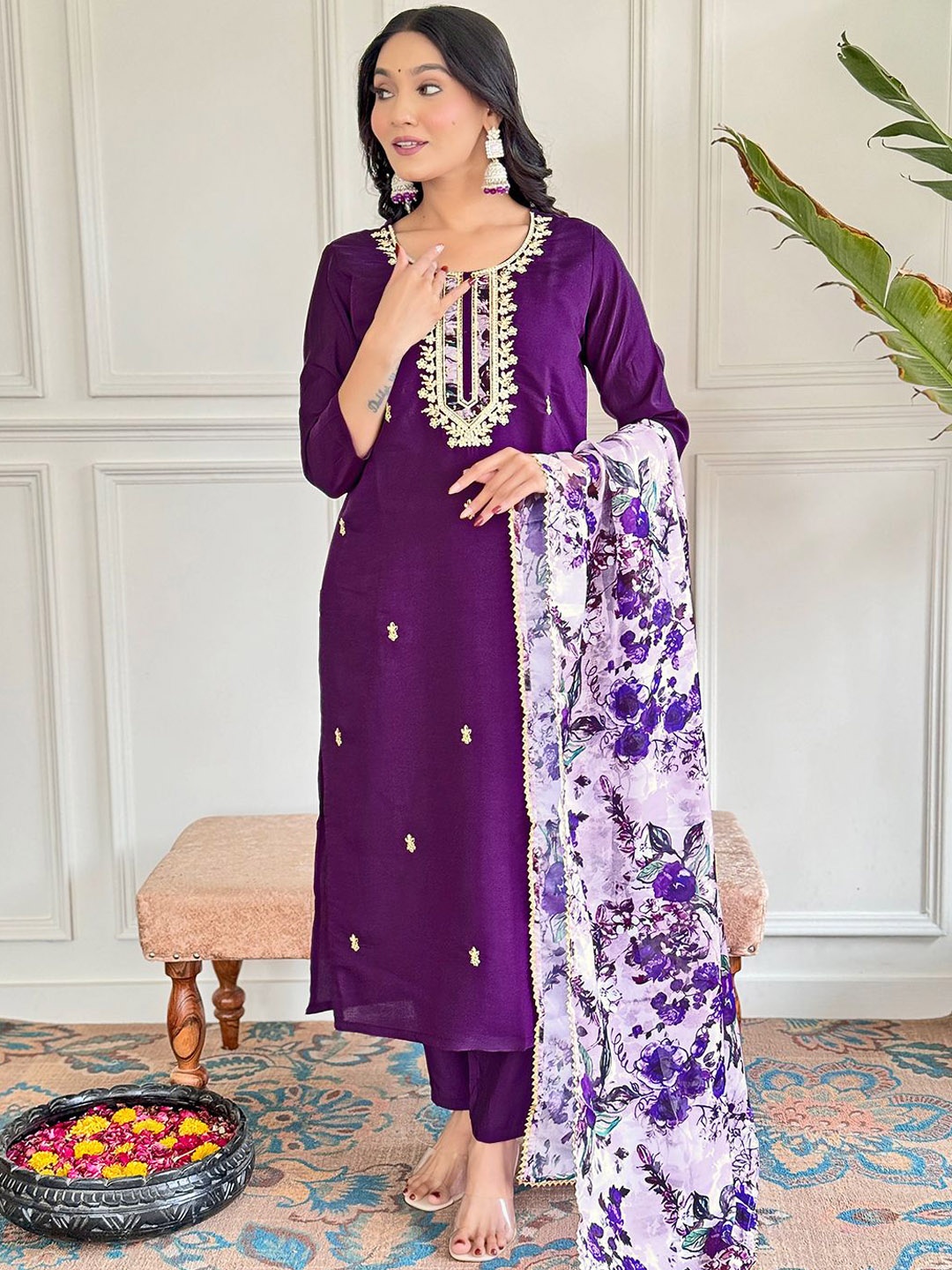 

KALINI Purple Floral Embroidered Sequinned Chanderi Silk Kurta with Trouser & Dupatta