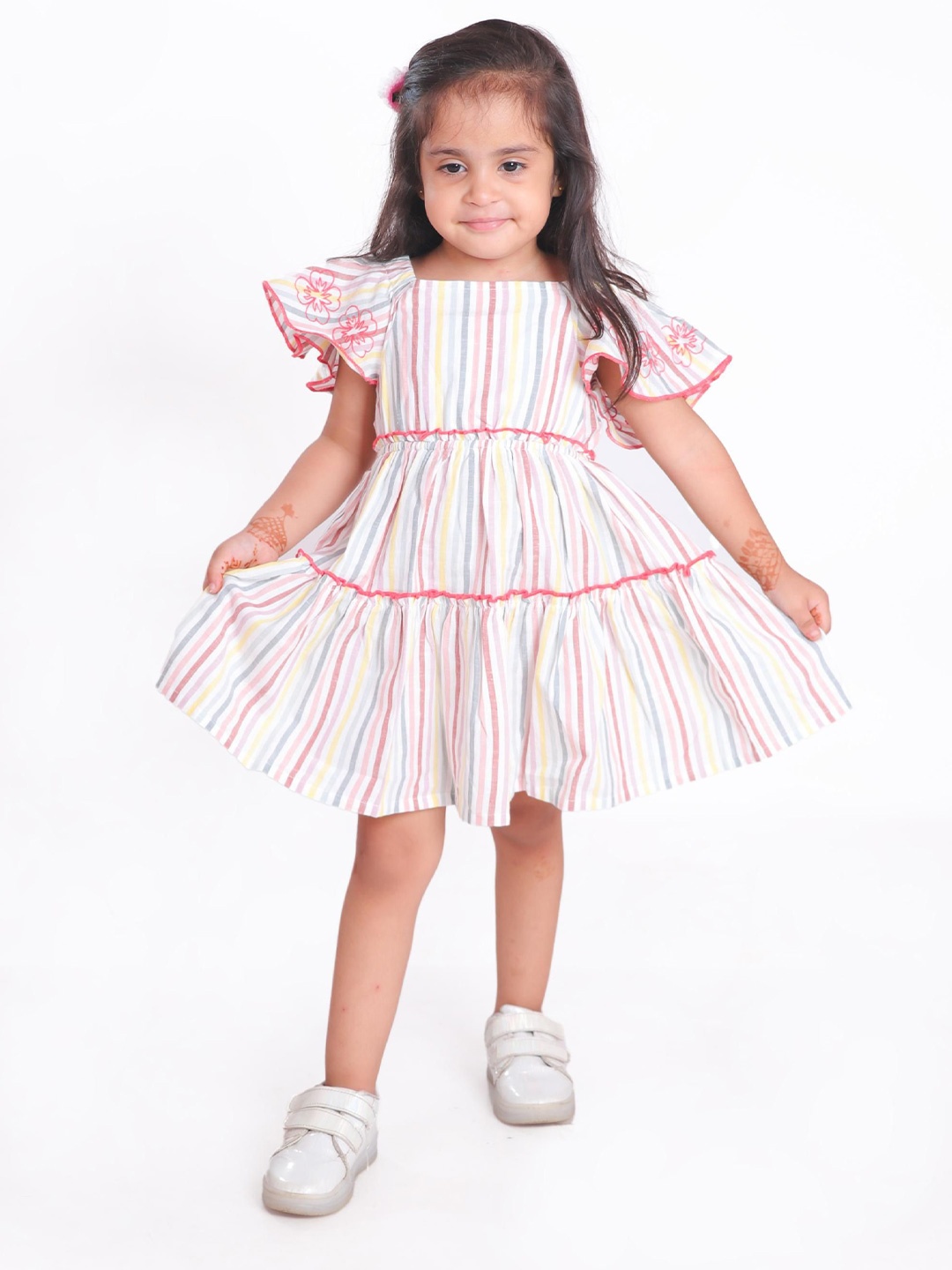 

Miyo Girls Striped Flutter Sleeve Cotton Fit & Flare Dress, Multi