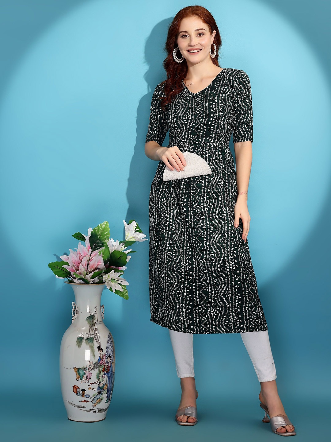 

KALINI Women Bandhani Printed Kurta, Green