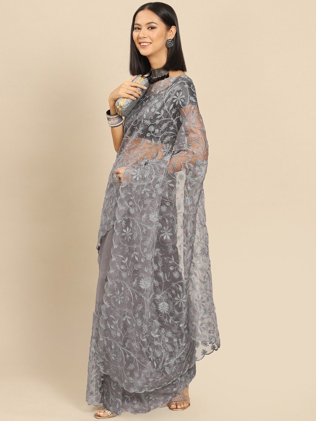 

Anouk Floral Embroidered Organza Saree, Grey