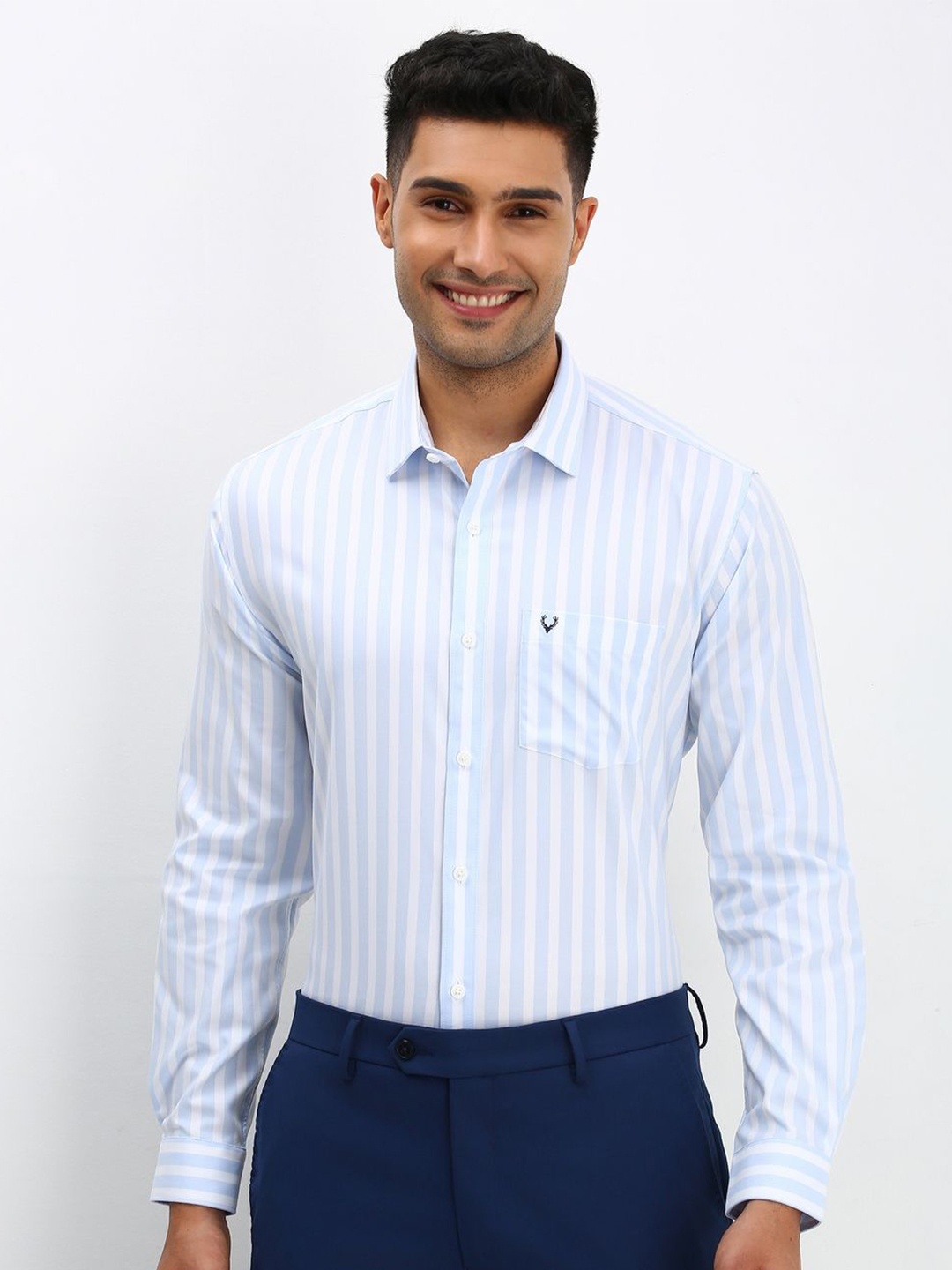 

Allen Solly Men Spread Collar Vertical Striped Cotton Slim Fit Formal Shirt, Blue