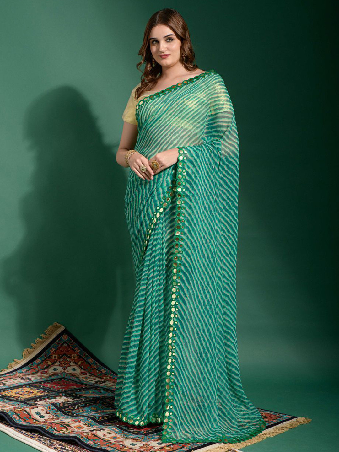 

Krimmple Leheriya Embroidered Pure Chiffon Saree, Green