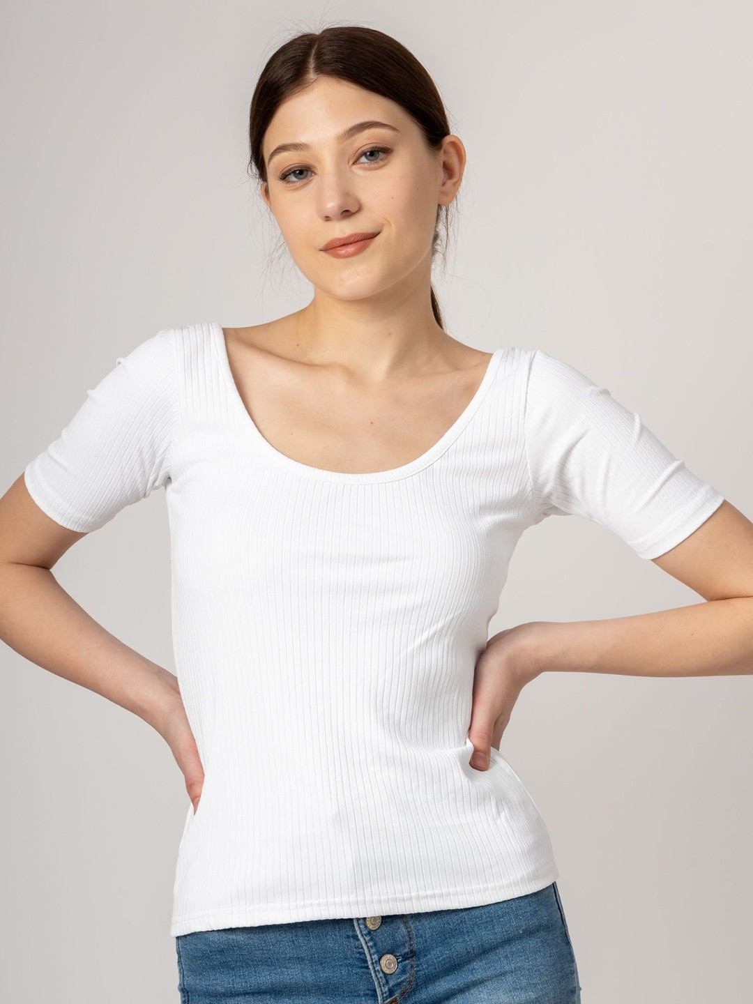 

Redamancii Women Vertical Striped Scoop Neck Polycotton Top, White