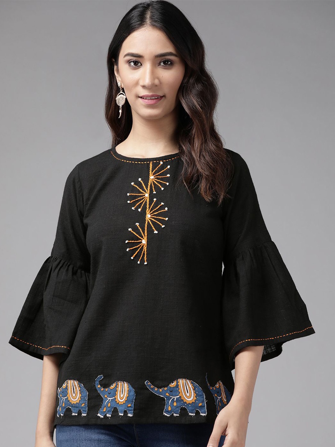 

YASH GALLERY Women Solid Round Neck Cotton Top, Black