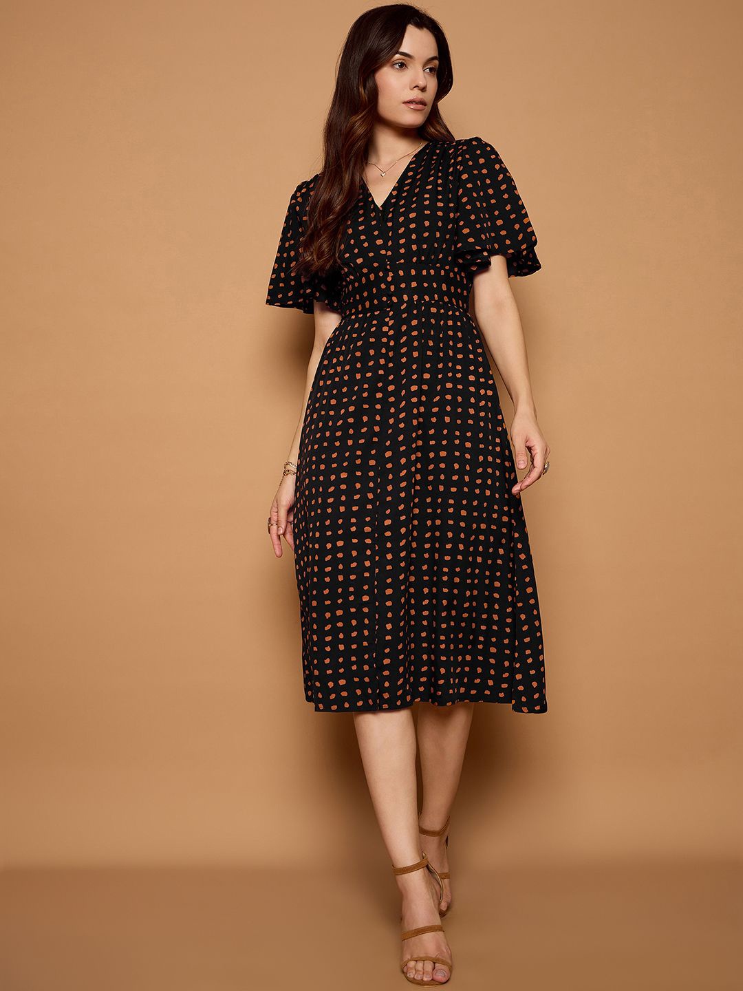 

Kibo Women Conversational Printed Flared Sleeves A-Line Dress, Black