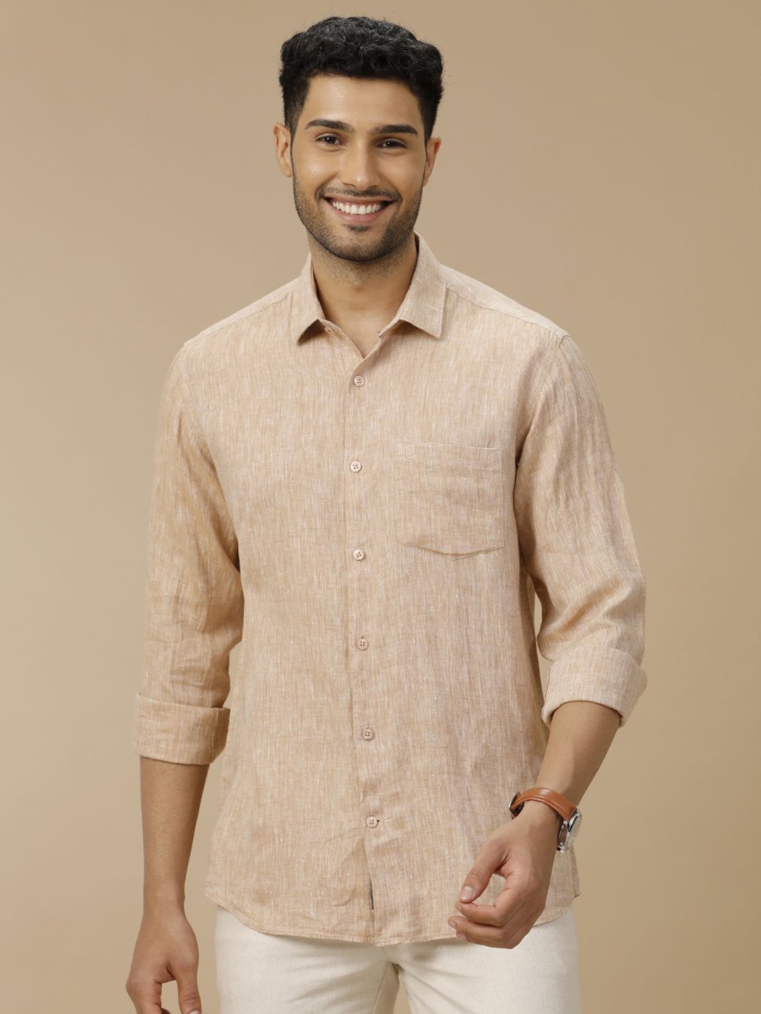 

Linen Club Men Contemporary Slim Fit Spread Collar Solid Casual Shirt, Brown