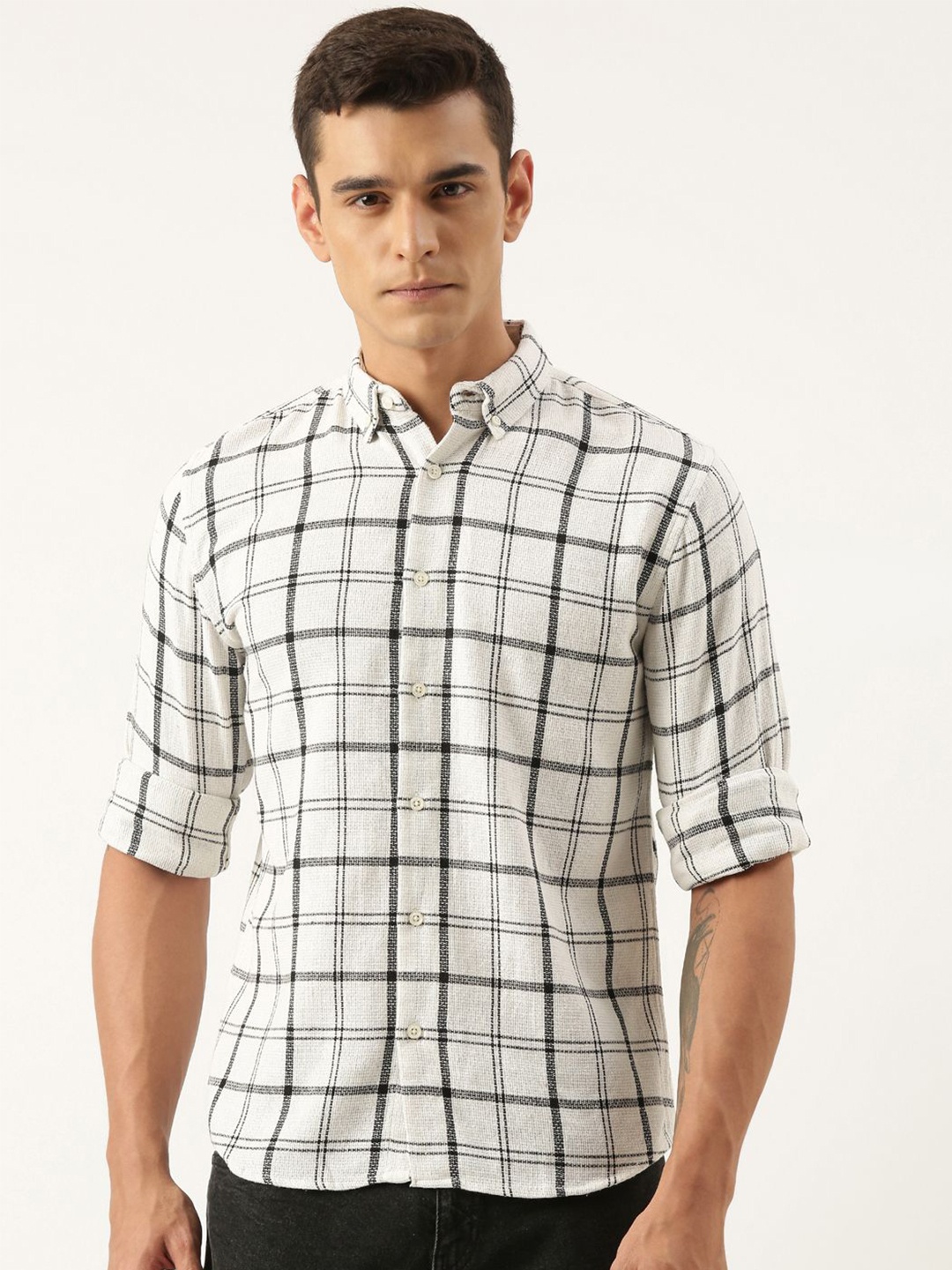 

ROLLER FASHIONS Men Button-Down Collar Tartan Checked Cotton Slim Fit Casual Shirt, White