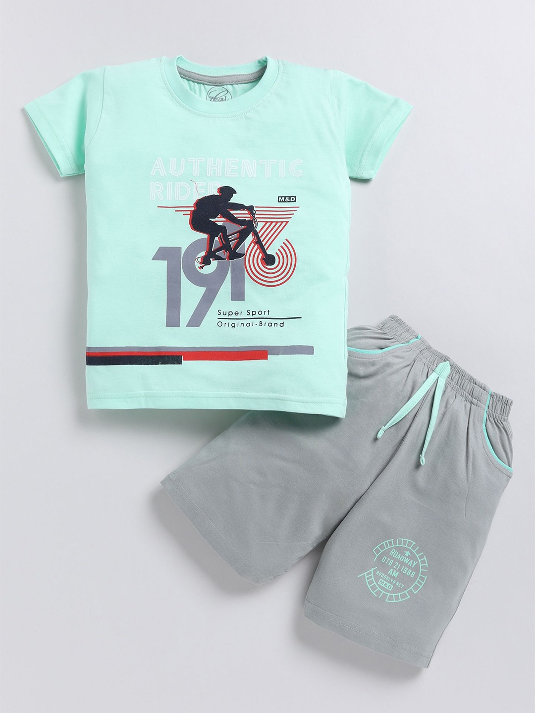 

Zeal Boys Graphic Printed Round Neck Pure Cotton T-shirt with Shorts, Sea green