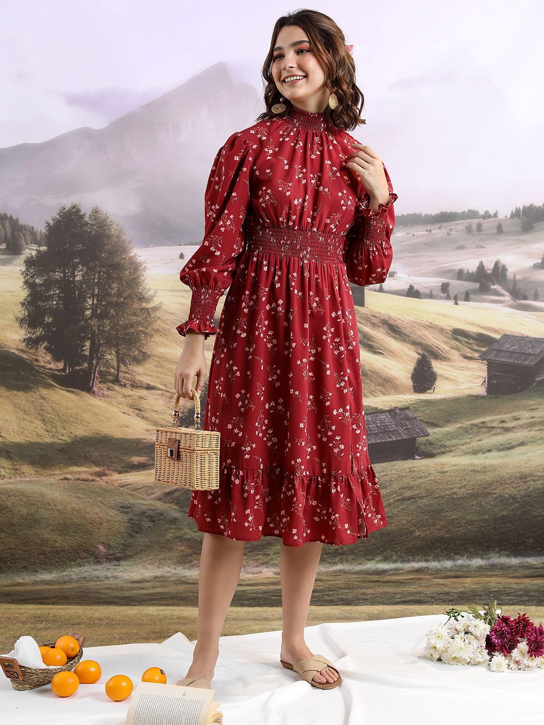 

Tokyo Talkies Floral Print Drop-Waist Midi Dress, Maroon